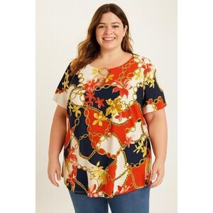 Tacera Womens Blouse Chain Floral Colorful Gold Rings Accent Short Sleeve Top 1X